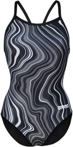 Bon marché 🎉 Arena Lightdrop Back Marbled One Piece Swimsuit Women, noir/gris 🔔