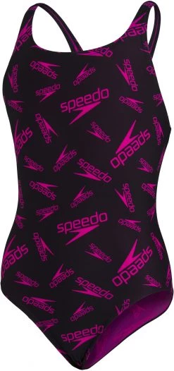 Meilleure vente 🤩 Speedo Boom Logo Medalist Swimsuit Girls, noir/rose ⭐