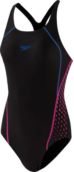 Meilleure vente 😀 Speedo Placement Panel Muskleback Swimsuit Women, noir/rose ⌛